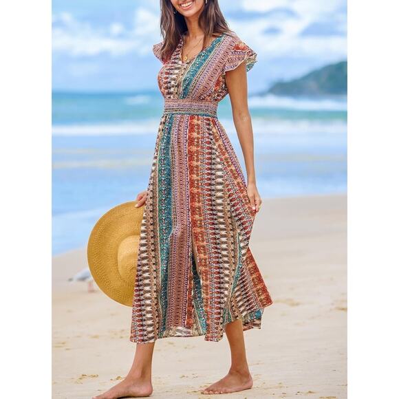 Cupshe Dresses & Skirts - CUPSHE Maxi Dress V Neck Boho Flutter Sleeve Smocked Slit A Line - NWT - Sz L